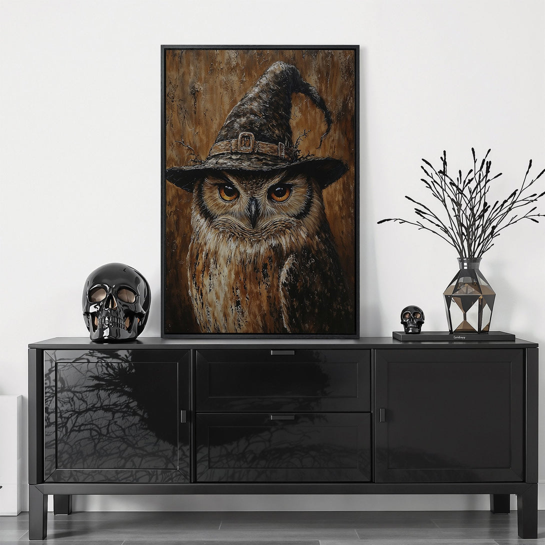 Framed Wall Art: Majestic owl portrait in a witch's hat, rich brown and gold tones. Perfect for adding a touch of mystery to your home decor.