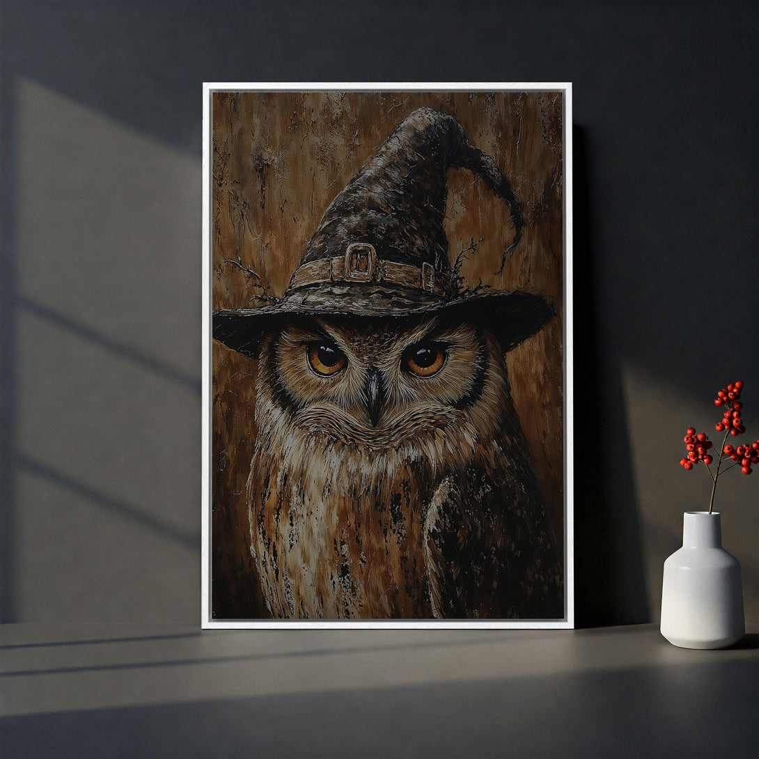 Framed Wall Art: Whimsical owl in a witch hat, painted in a textured style with a warm brown and gold color palette. Perfect Halloween decor!