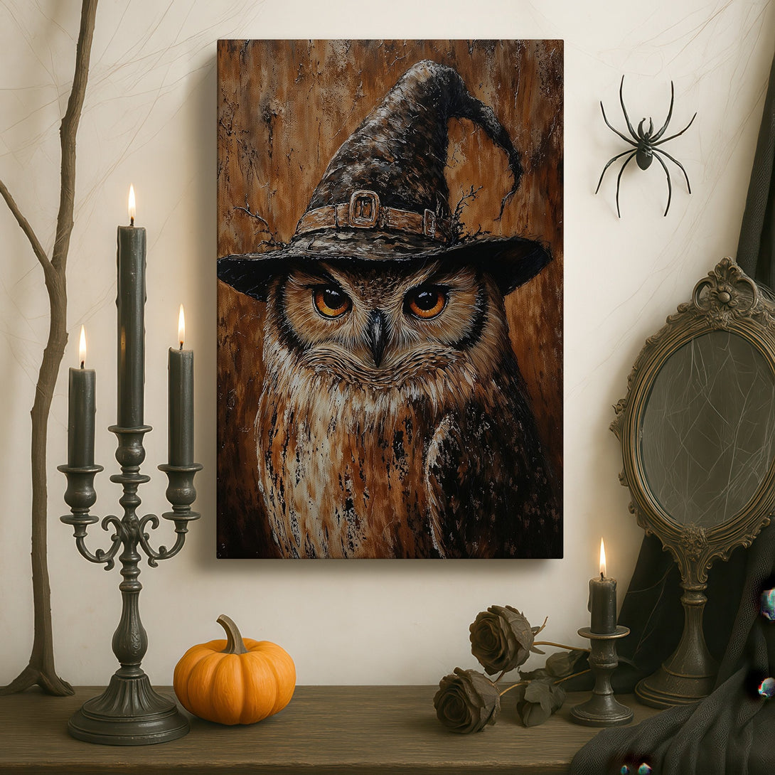 Framed Wall Art: Owl in a witch hat. Rustic, warm-toned canvas print perfect for Halloween decor. Rich brown and gold color palette.