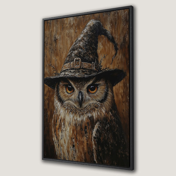 Framed Wall Art: Whimsical owl portrait in a witch hat. Textured, warm brown and black palette. Perfect Halloween decor or unique gift.