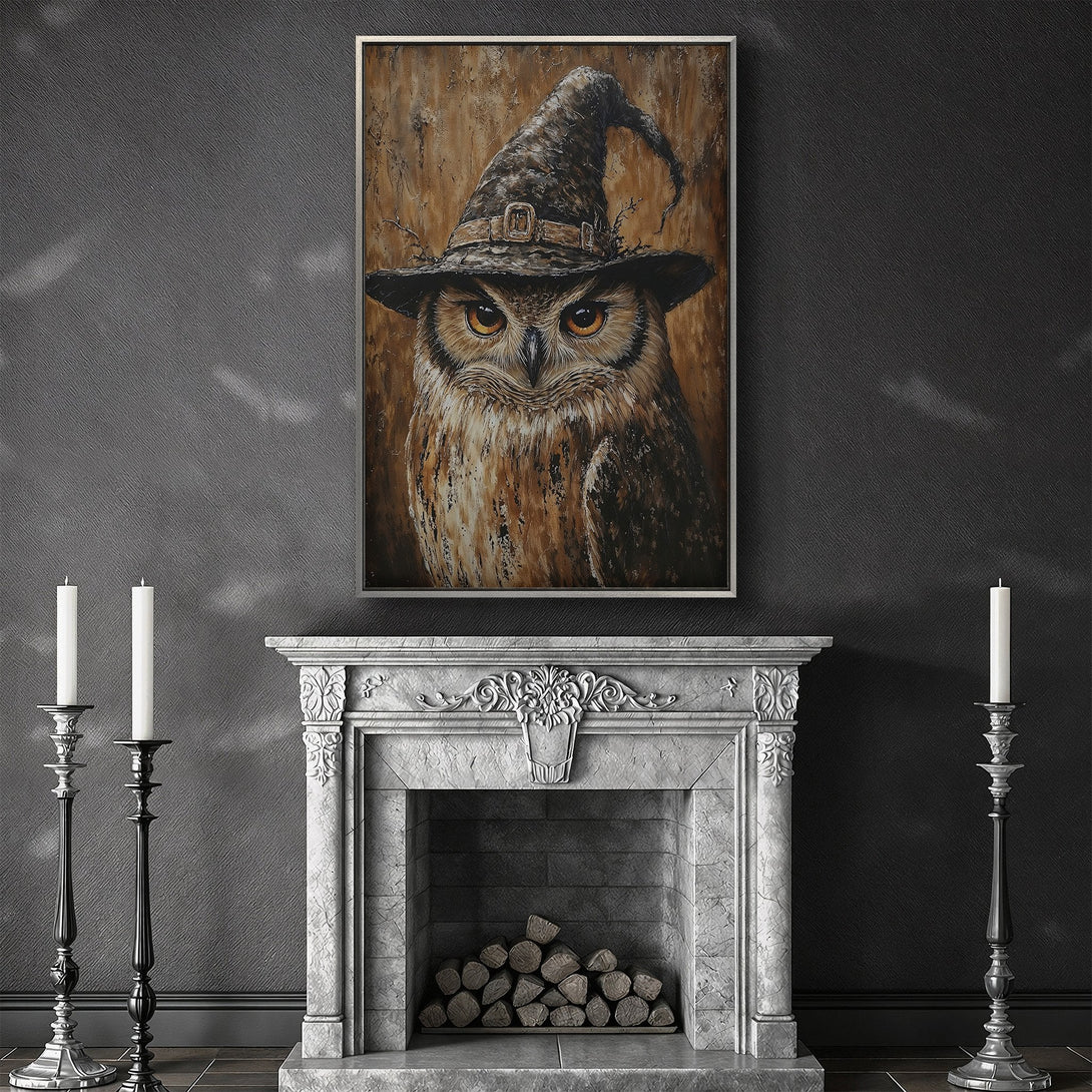 Framed Wall Art: Spooky owl portrait with witch hat. Rustic style, warm brown and black color palette, perfect for Halloween decor.