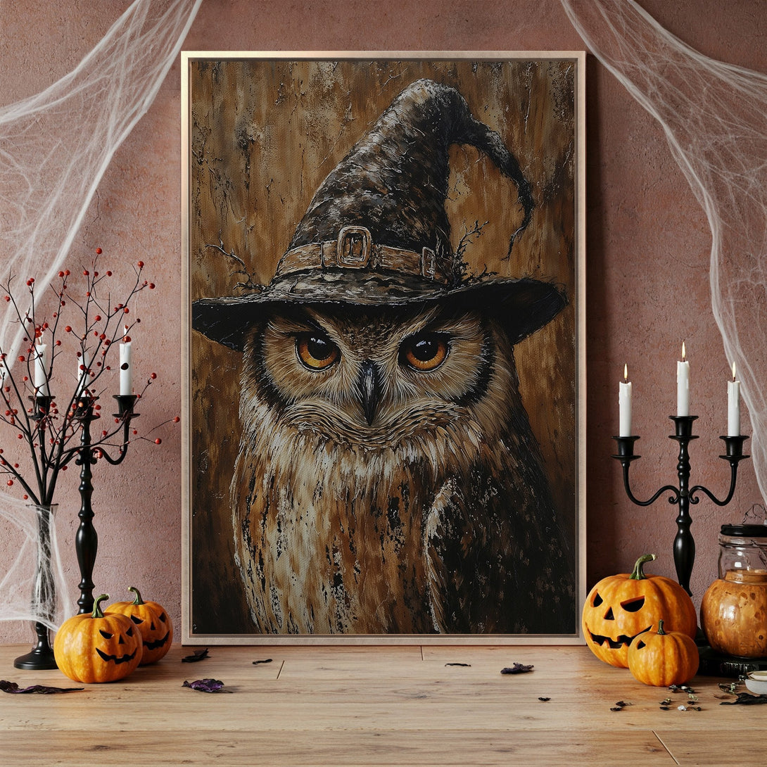 Framed Wall Art: Spooky owl in a witch hat, oil painting style, warm brown and orange tones. Perfect Halloween decor for your home!