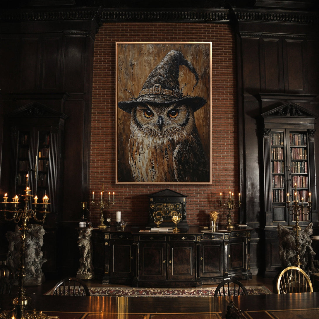 Framed Wall Art: Owl wearing a witch hat. Dark, moody interior with a warm, earthy color palette. Perfect for Halloween decor or a unique statement piece.