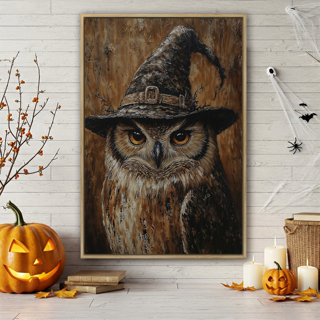 Framed Wall Art: Spooky owl in witch hat, warm brown tones. Perfect Halloween decor, rustic style canvas print for your home.