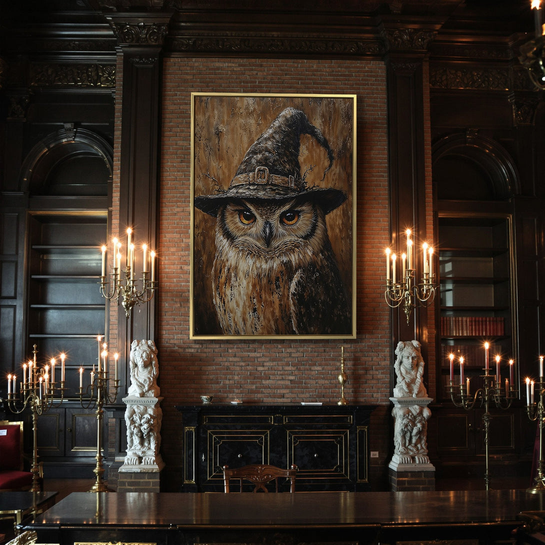 Canvas Print: Owl in witch hat art, warm brown tones. Perfect Halloween wall decor! Rustic, unique, and spooky.