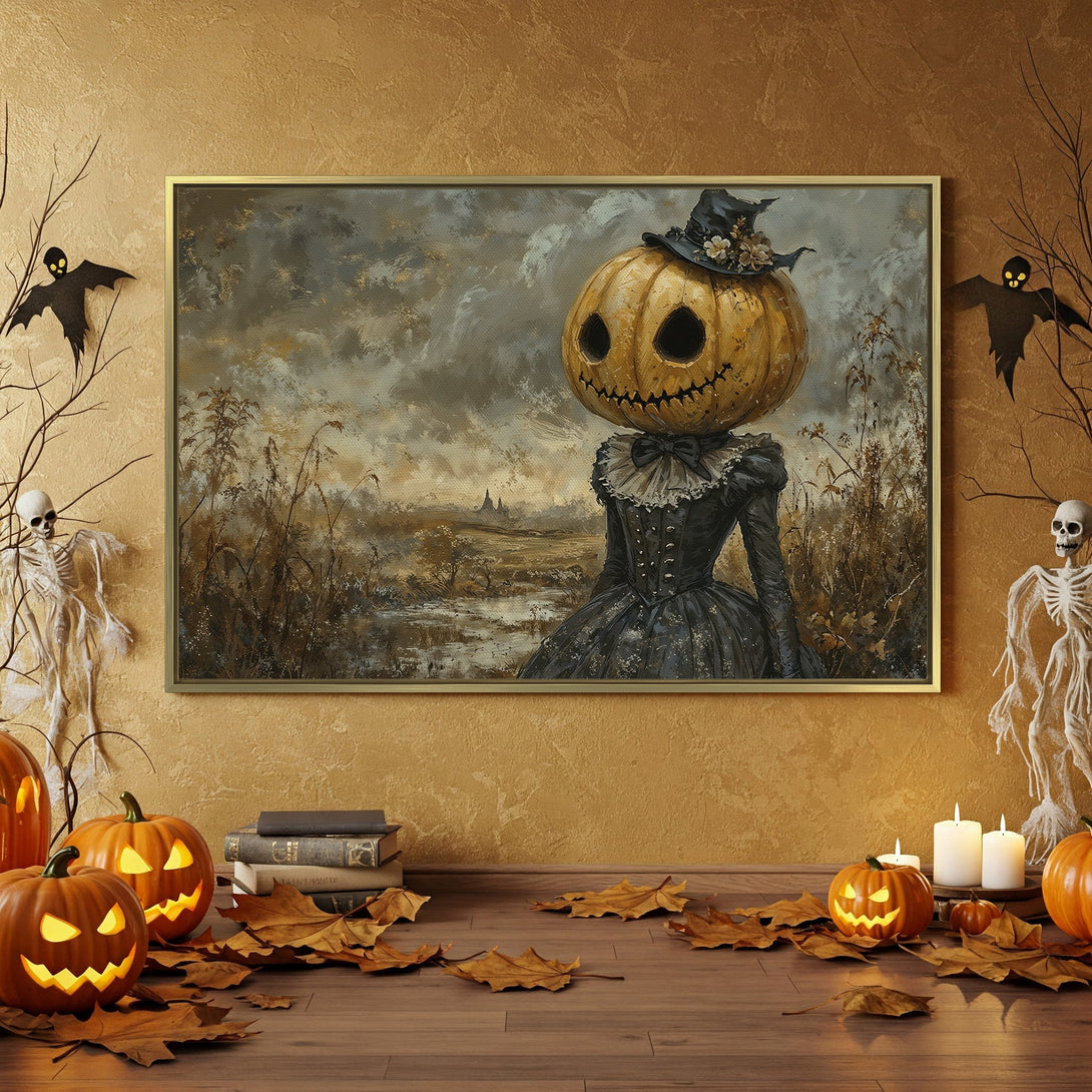 Spooky Halloween Canvas Print featuring a pumpkin-headed figure in a dark, moody interior. Earthy tones and a vintage aesthetic create a chilling vibe.