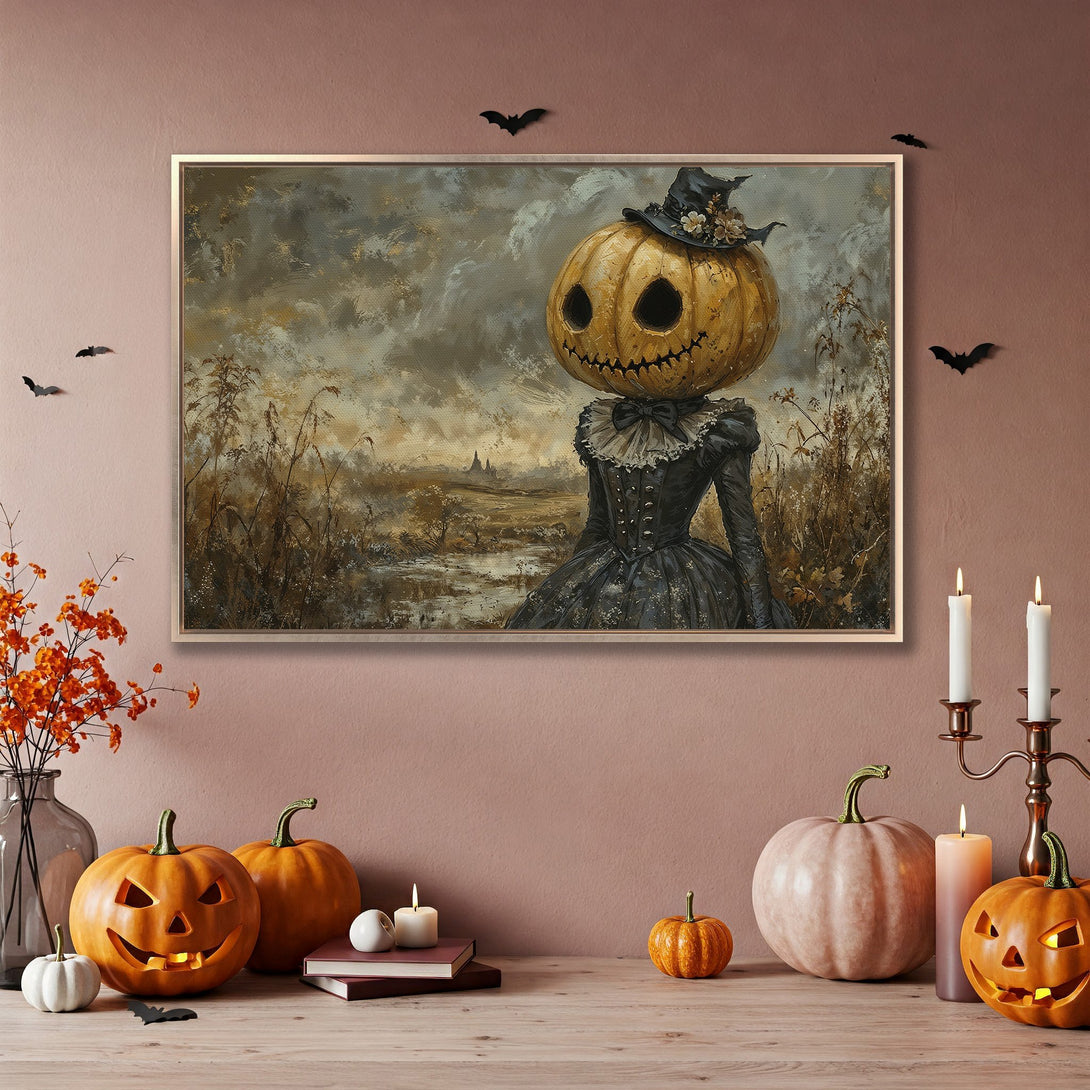 Framed Wall Art: Spooky Halloween pumpkin-head portrait in muted earth tones. Perfect for adding a touch of eerie elegance to your home decor.