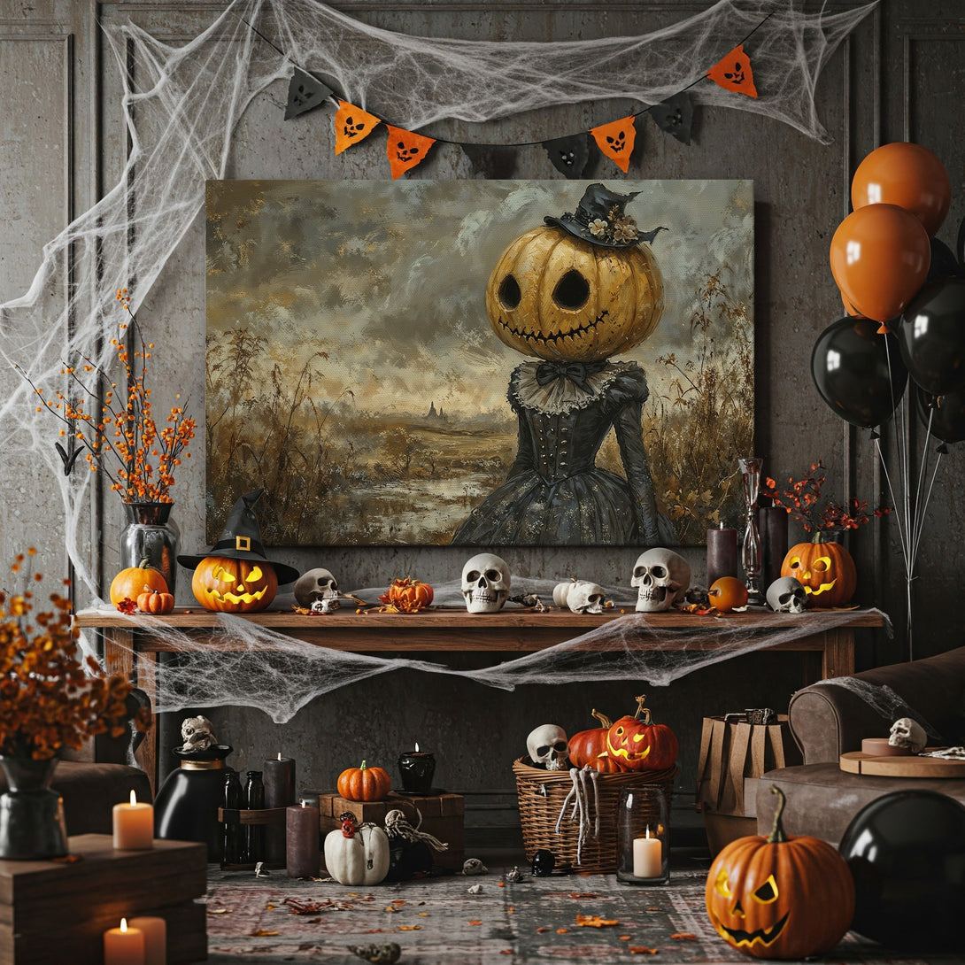 Framed Wall Art: Spooky Halloween pumpkin-head portrait in muted tones. Perfect for a festive, yet sophisticated, fall decor. Add a touch of eerie elegance!