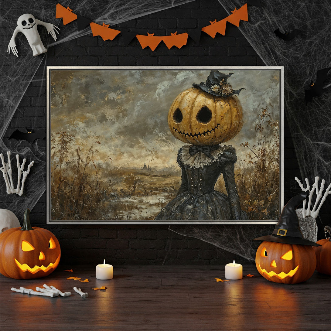 Framed Wall Art: Spooky pumpkin-headed figure in a vintage style painting. Earthy tones with a touch of Halloween decor. Perfect for seasonal home accents.