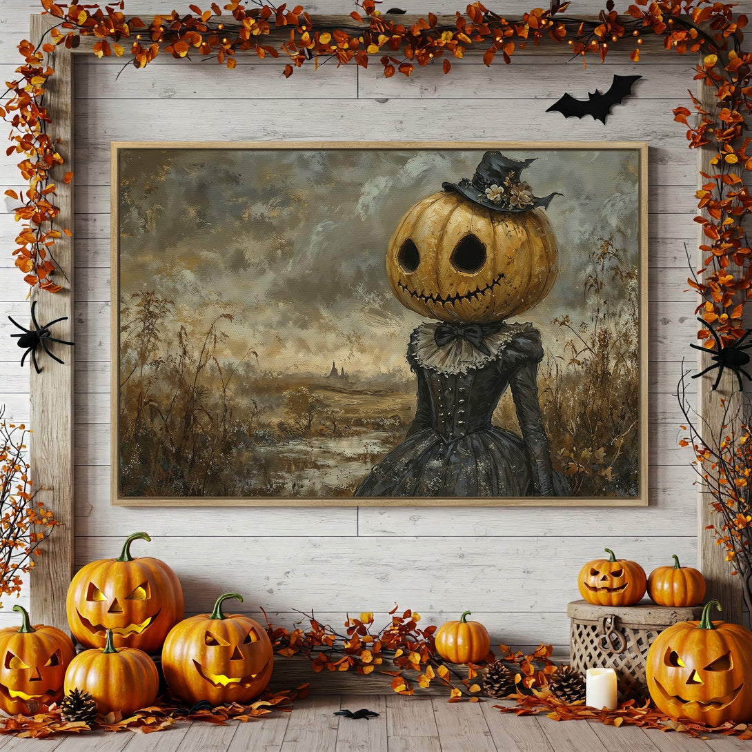Framed Wall Art: Spooky Halloween Pumpkin Lady Canvas Print. Vintage style, moody color palette. Perfect for fall decor & spooky season!