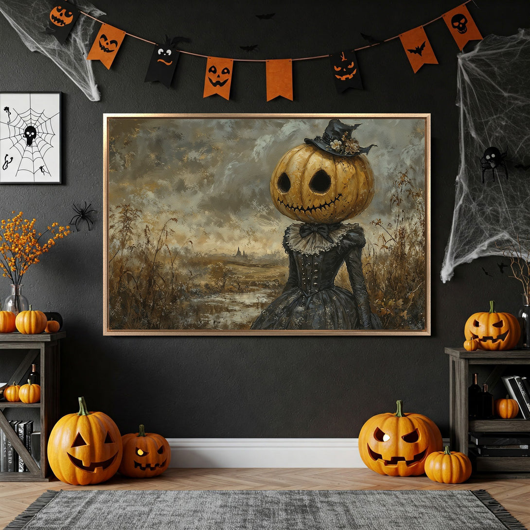 Framed Wall Art: Spooky Halloween pumpkin-headed figure in vintage style, with a muted color palette. Perfect for seasonal decor!