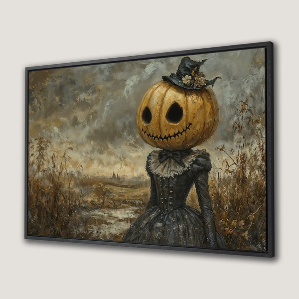 Framed Wall Art: Spooky pumpkin-headed figure in a vintage dress. Moody, autumnal color palette. Perfect Halloween decor!