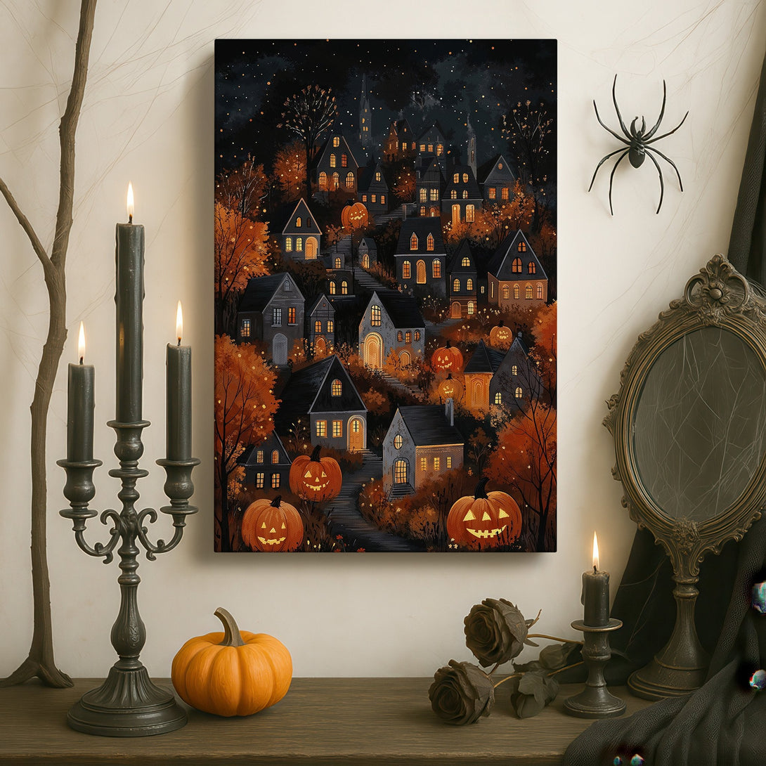 Framed Wall Art: Spooky Halloween town scene in warm orange and dark blue tones. Perfect for fall decor, adding a touch of eerie charm.