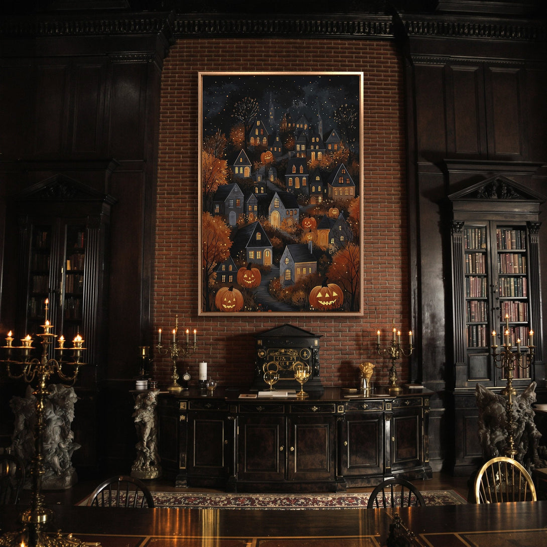 Framed Wall Art featuring a spooky Halloween village illustration in a dark, autumnal color palette. Perfect for adding a touch of eerie elegance.