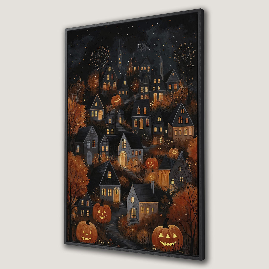 Framed Wall Art featuring a spooky Halloween village scene with pumpkins and warm orange and black color palette. Perfect for fall decor!