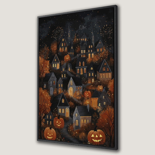 Framed Wall Art featuring a spooky Halloween village scene with pumpkins and warm orange and black color palette. Perfect for fall decor!