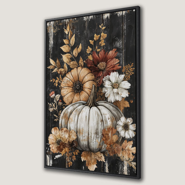 Framed Wall Art featuring a rustic pumpkin and floral arrangement with a black and gold color palette, perfect for fall decor.
