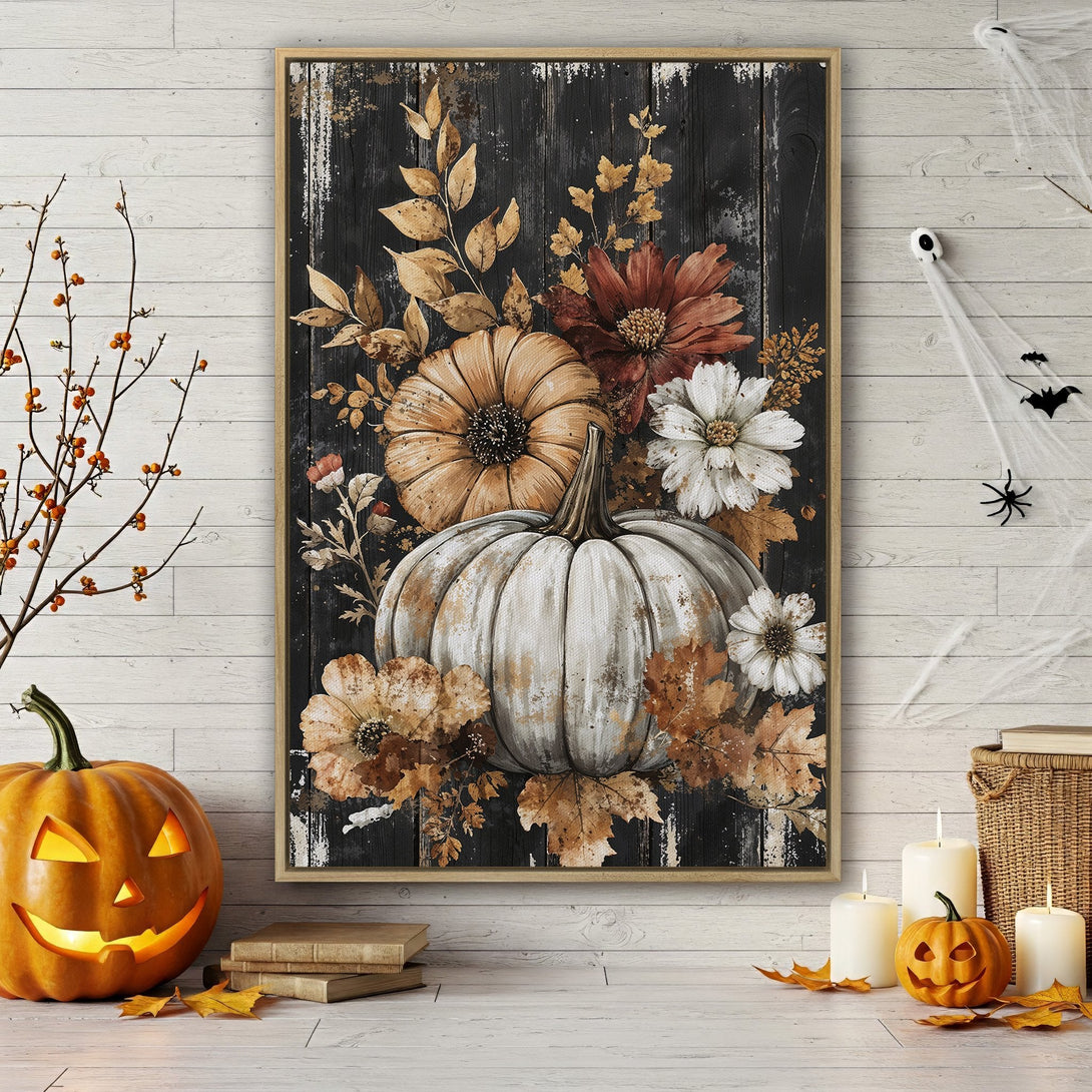 Framed Wall Art featuring a rustic fall pumpkin and floral arrangement, with a warm, autumnal color palette. Perfect for seasonal home decor.