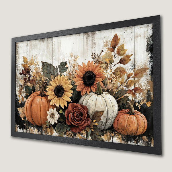 Framed Poster featuring autumn pumpkins and sunflowers. Rustic style, warm orange, brown, and white color palette for cozy fall decor.