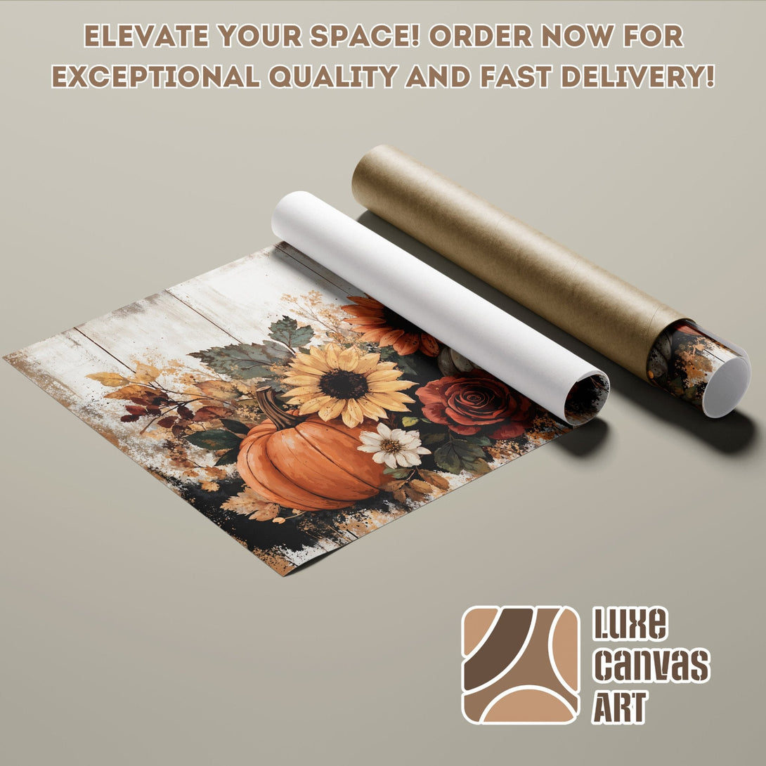Autumnal floral Poster Roll art print with pumpkin, sunflowers, and warm color palette.