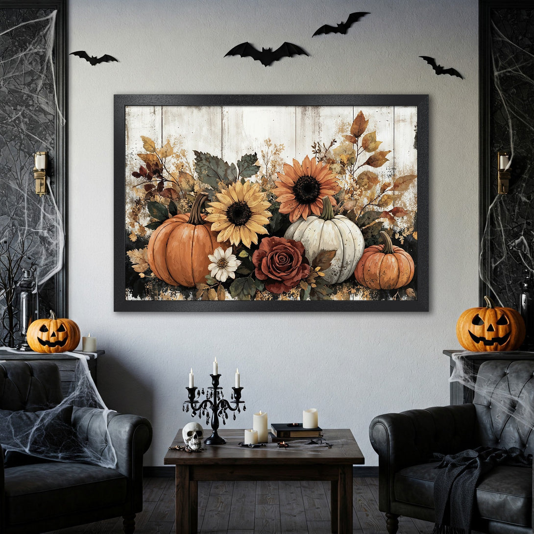 Framed Poster featuring a rustic Halloween still life with pumpkins and sunflowers. Warm, autumnal color palette. Perfect fall decor!