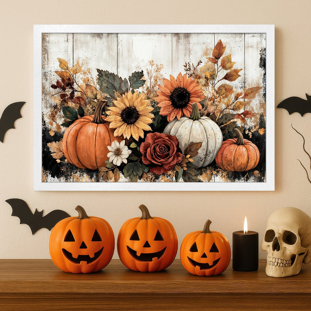 Framed Poster featuring pumpkins, sunflowers, and fall foliage in warm autumnal tones. Perfect Halloween decor!