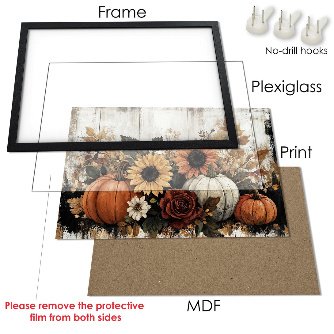 Framed Poster featuring pumpkins and sunflowers in a rustic style, warm autumn color palette. Perfect fall decor!
