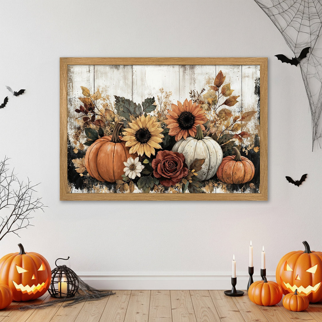 Framed Poster featuring pumpkins and sunflowers in a rustic style. Warm orange, brown, and yellow color palette. Perfect fall decor.