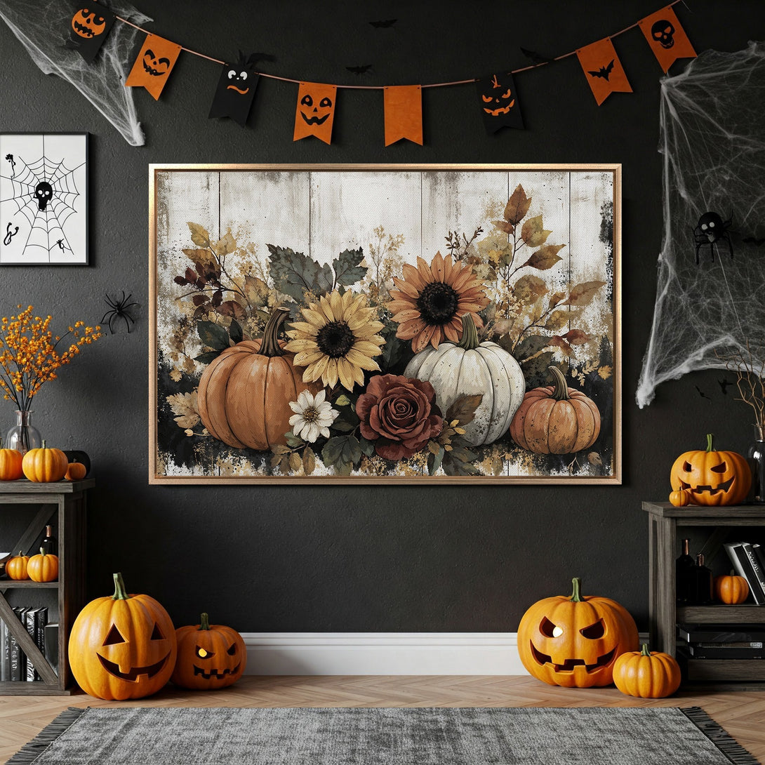 Framed Wall Art: Rustic Halloween canvas print with pumpkins and sunflowers in warm autumn tones, perfect for seasonal home decor.