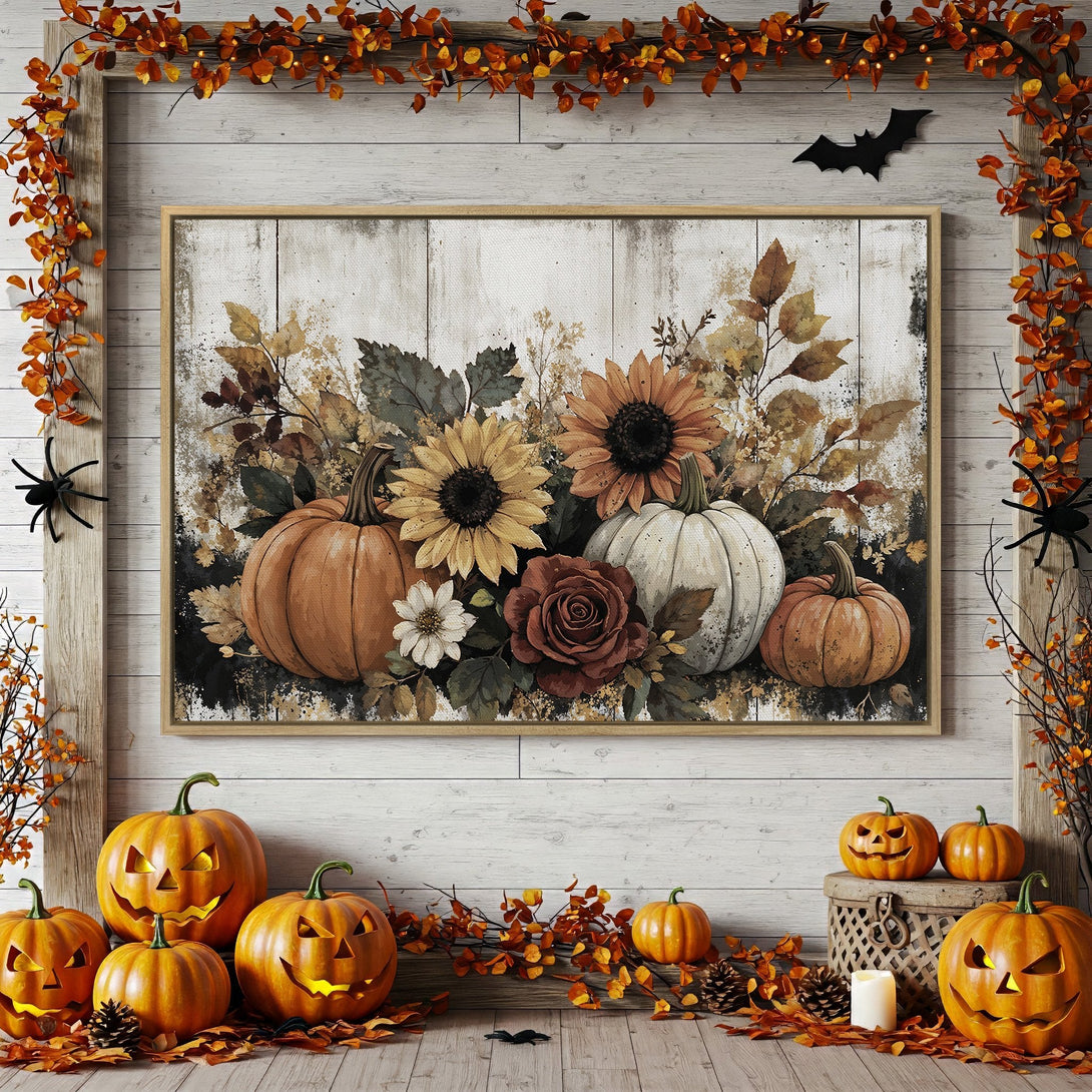 Framed Wall Art: Autumnal pumpkin and floral canvas print in warm orange and brown tones, perfect for fall decor.