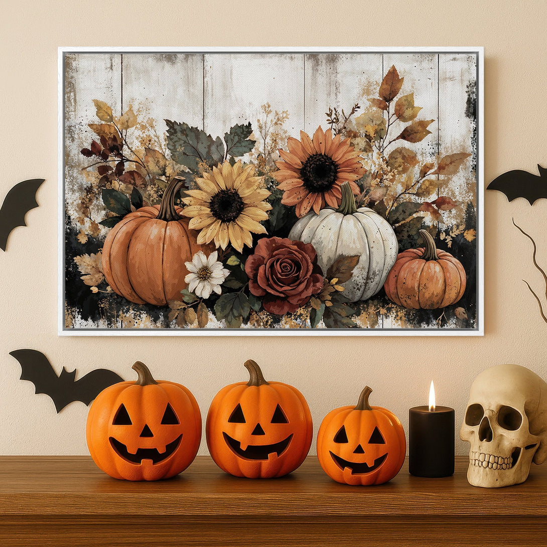 Framed Wall Art: Autumnal pumpkin and floral still life in warm orange, yellow, and brown tones. Perfect fall decor for your home!