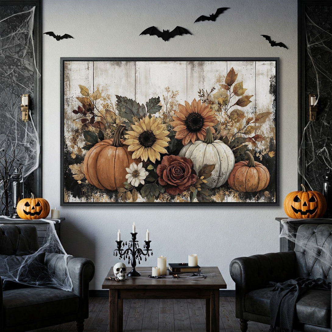 Framed Wall Art featuring pumpkins and sunflowers in warm autumn tones, perfect for Halloween decor.