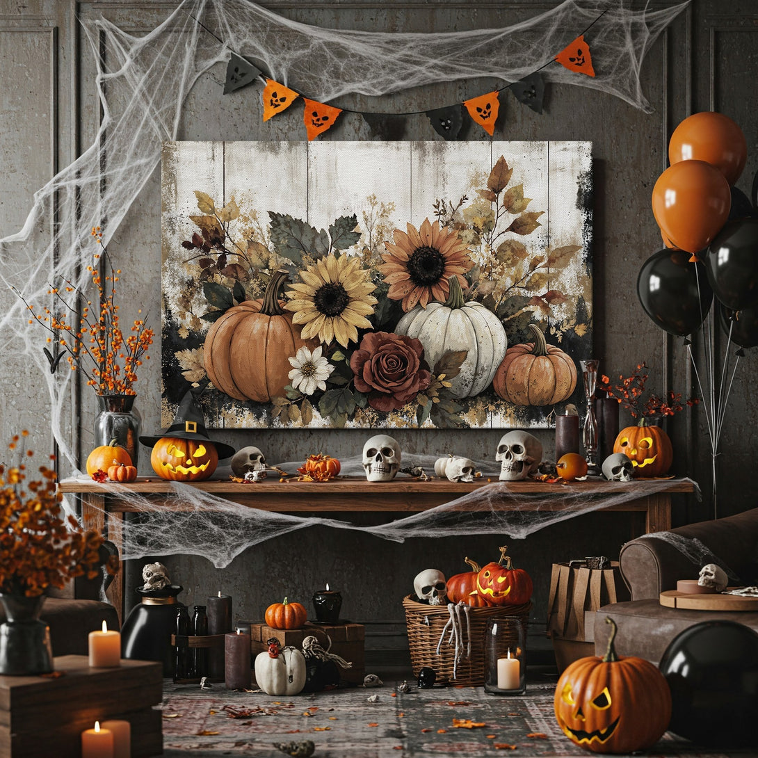 Framed Wall Art: Rustic Halloween floral print with pumpkins & sunflowers. Earthy tones create cozy autumn vibes. Perfect for seasonal decor!