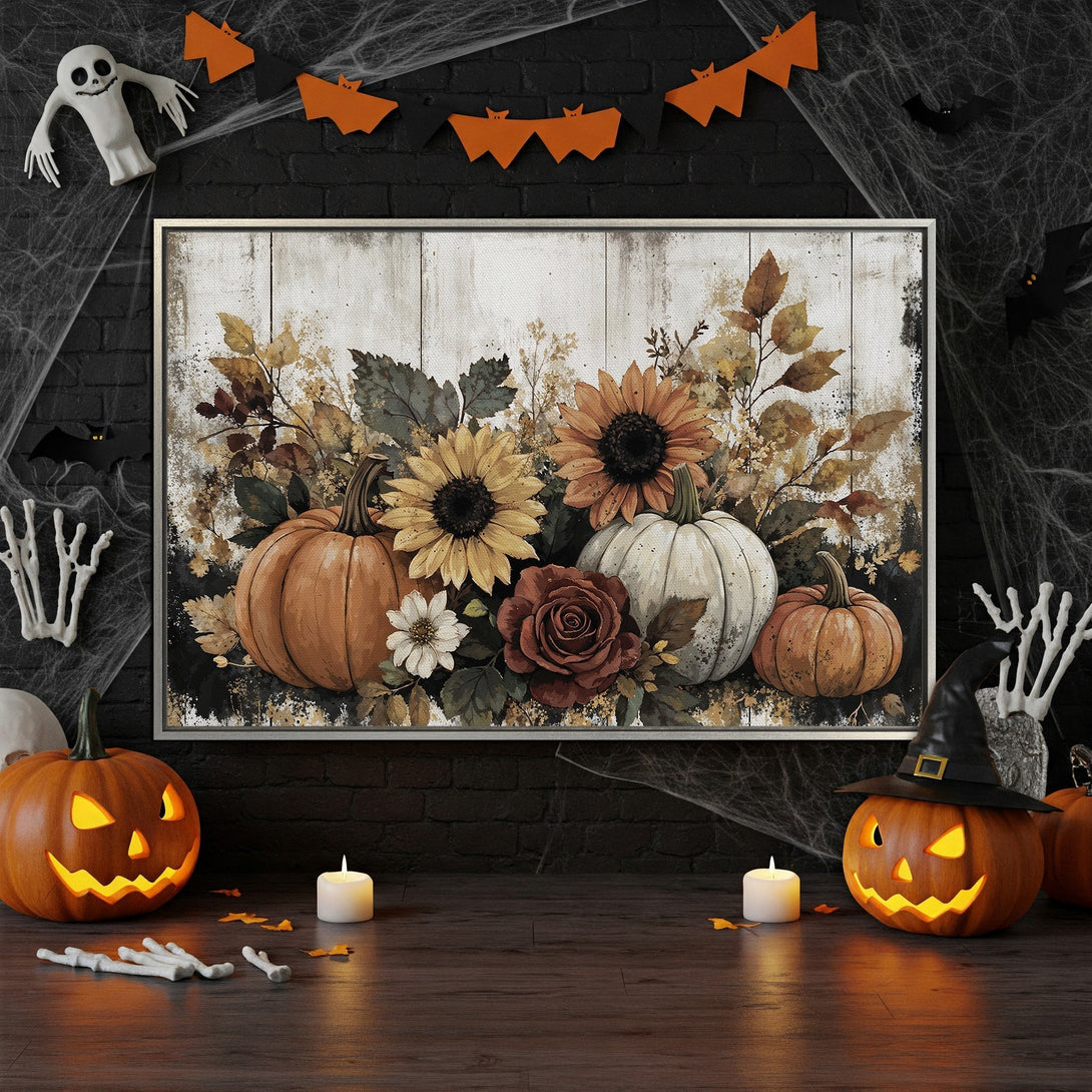 Framed Wall Art: Rustic floral pumpkin & sunflower print. Warm autumn color palette. Perfect Halloween decor!