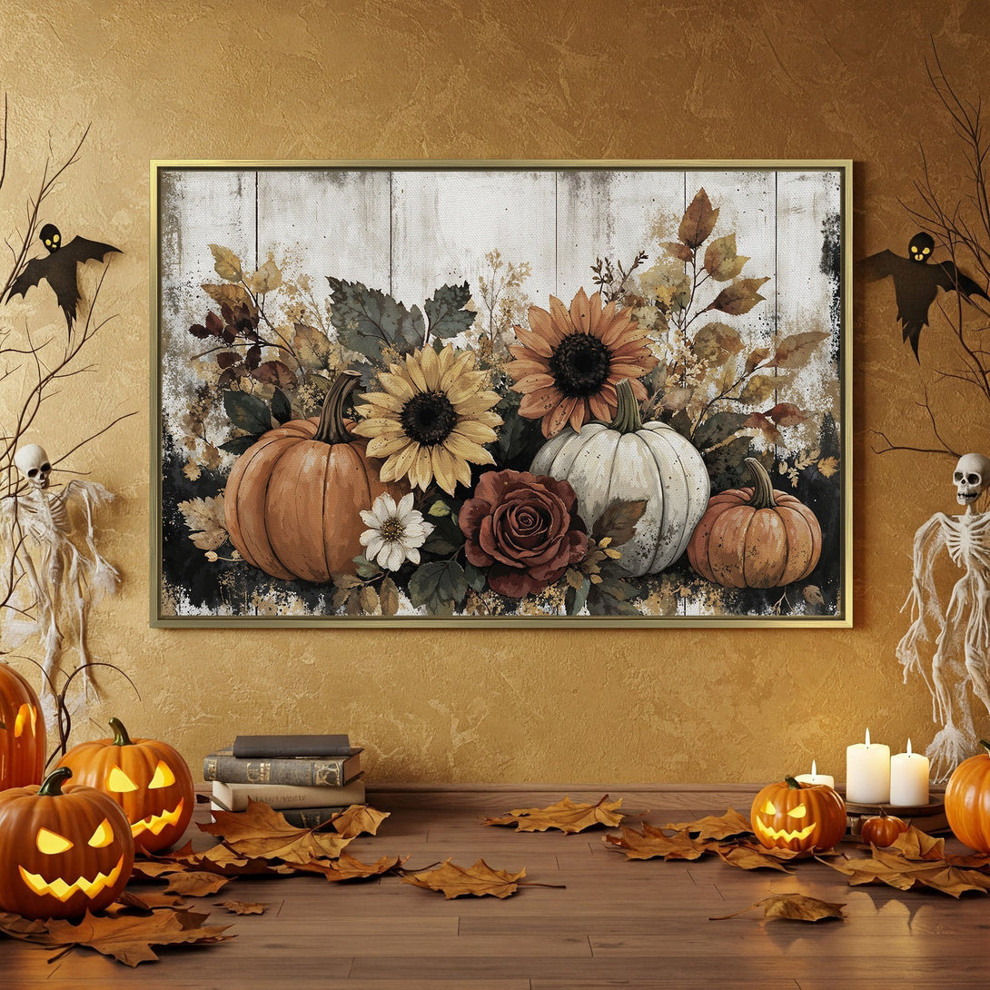 Canvas Print: Rustic Halloween decor with pumpkins, sunflowers, and warm autumn tones. Perfect fall wall art for your home!