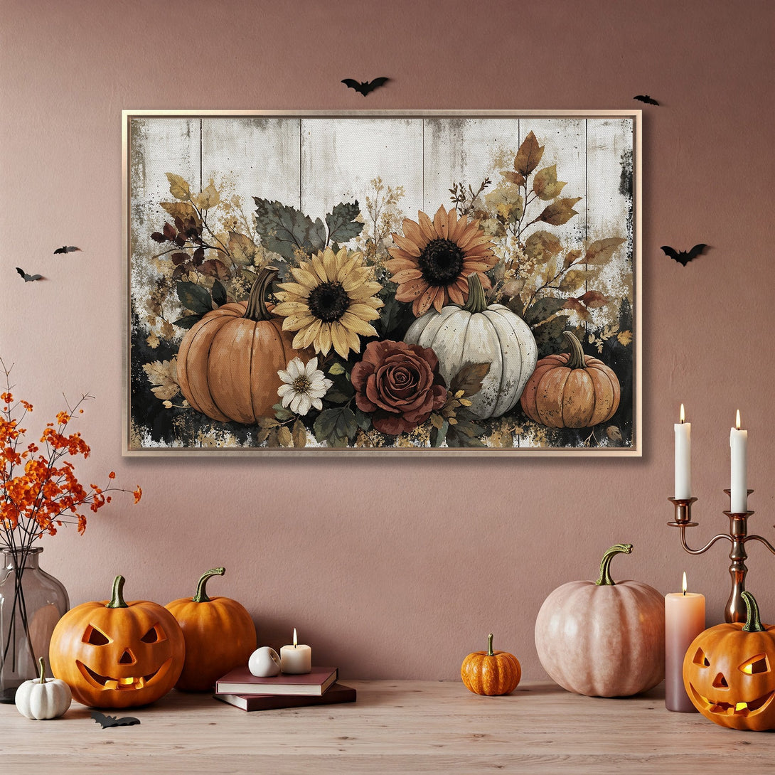 Framed Wall Art featuring a fall harvest scene with pumpkins and sunflowers. Warm, rustic color palette perfect for autumn decor.