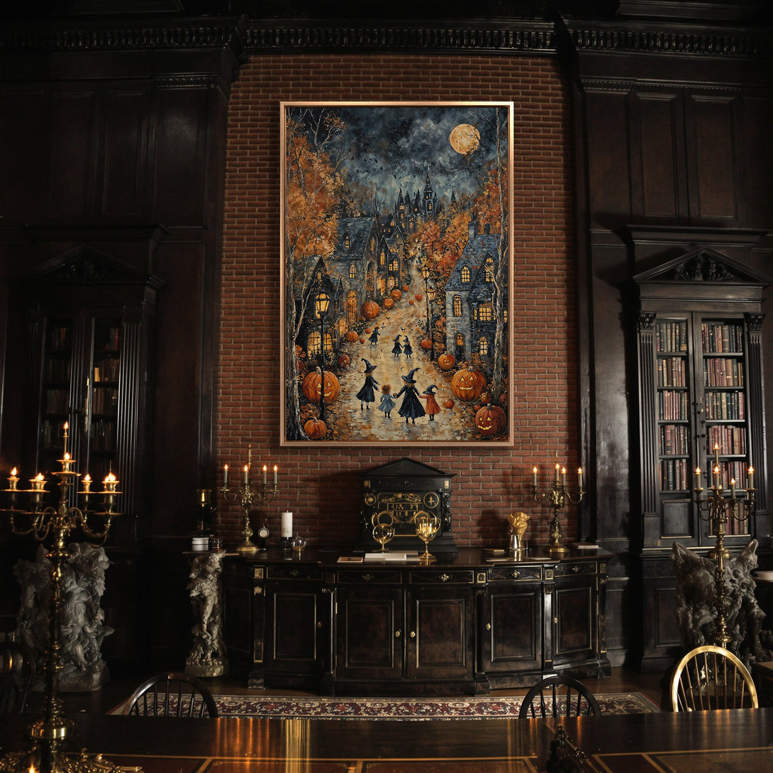 Framed Wall Art: Spooky Halloween scene with witches, pumpkins, and a full moon. Warm autumnal color palette. Perfect for adding a touch of magic to your home.