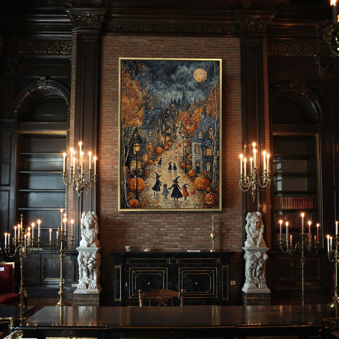 Canvas Print: Spooky Halloween scene with witches, pumpkins, and a full moon. Warm orange and dark blue color palette. Perfect fall decor.