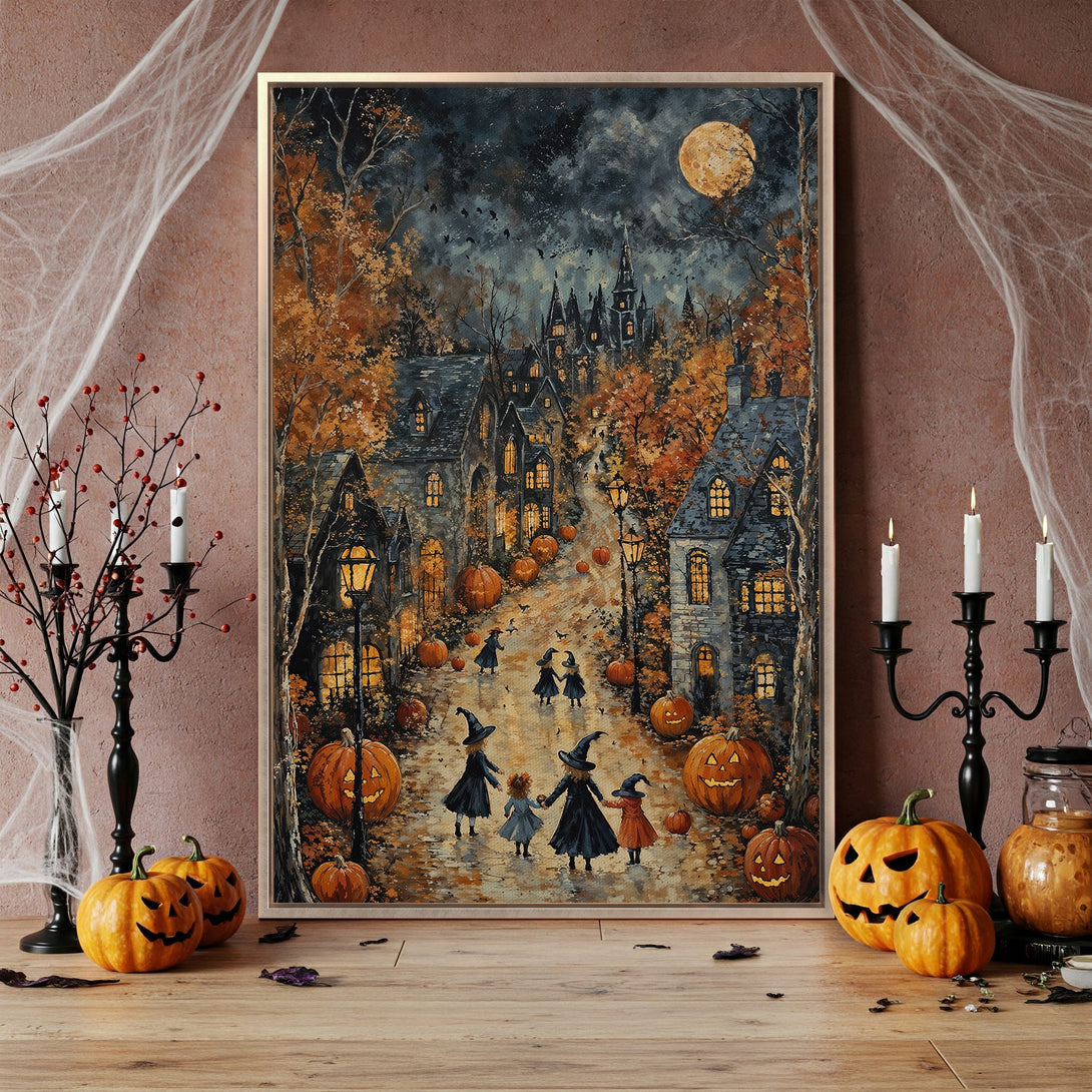 Framed Wall Art: Spooky Halloween scene with witches, pumpkins, and a full moon. Warm autumn color palette. Perfect for seasonal decor.