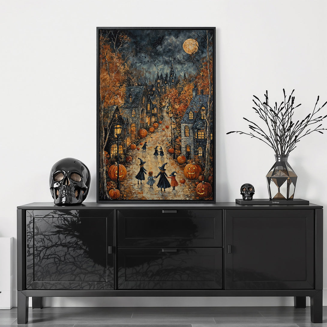 Framed Wall Art: Spooky Halloween scene with witches, pumpkins, and a full moon. Rich autumn color palette. Perfect for seasonal decor!