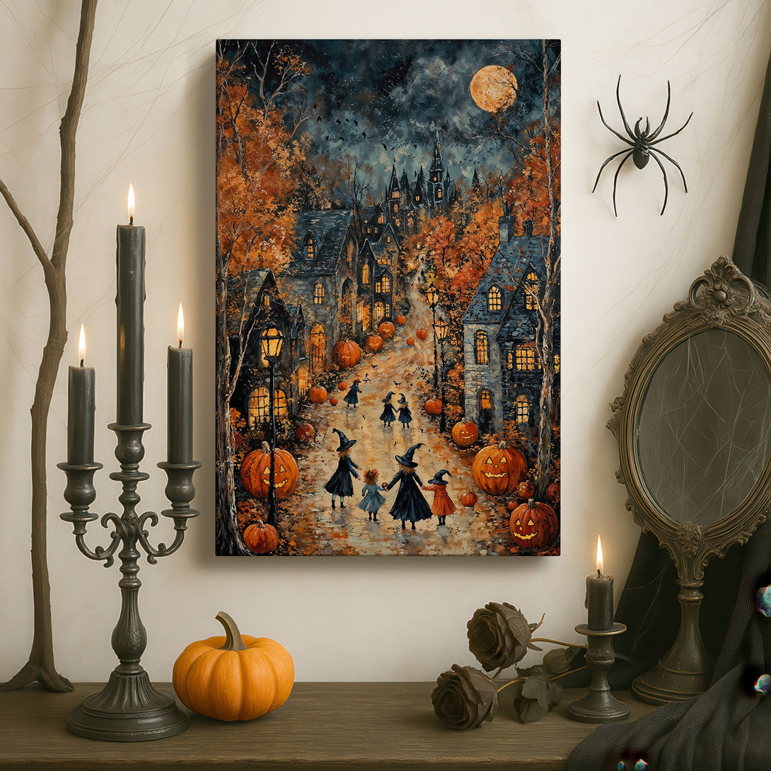 Framed Wall Art: Spooky Halloween scene with witches, pumpkins, and a full moon. Warm autumn color palette. Perfect for seasonal decor!