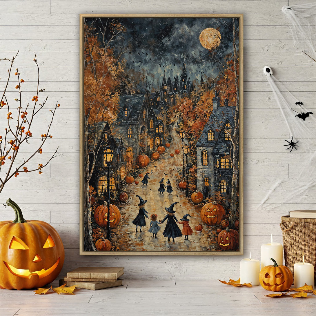 Framed Wall Art: Spooky Halloween scene with witches, pumpkins, and a haunted town in a warm, autumnal color palette. Perfect for seasonal decor!