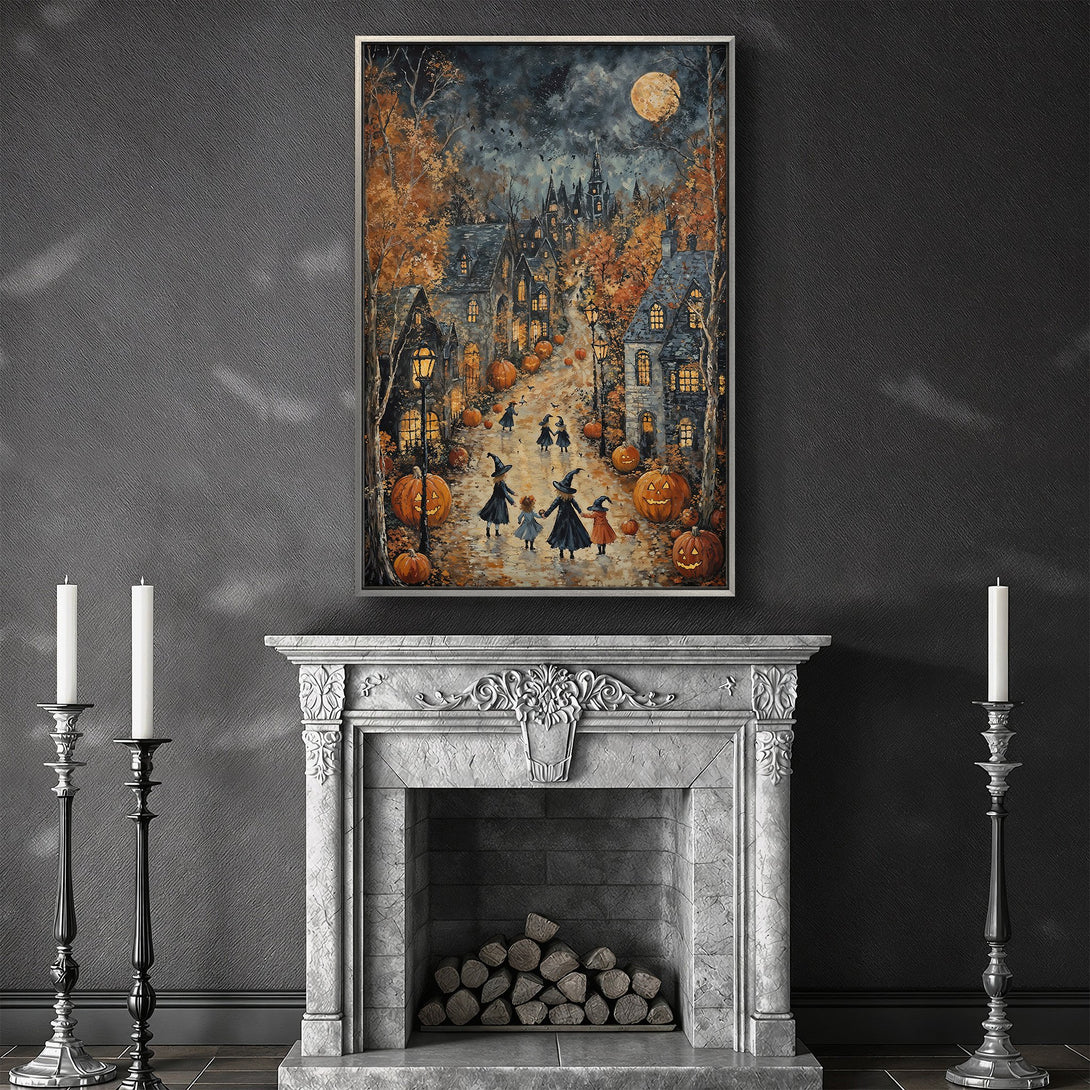 Framed Wall Art: Spooky Halloween scene with witches, pumpkins, and a full moon. Warm orange and dark blue color palette, perfect for fall decor.