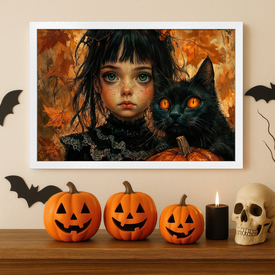 Framed Poster featuring a girl with a black cat, Halloween art style, warm orange and black color palette. Perfect spooky decor!