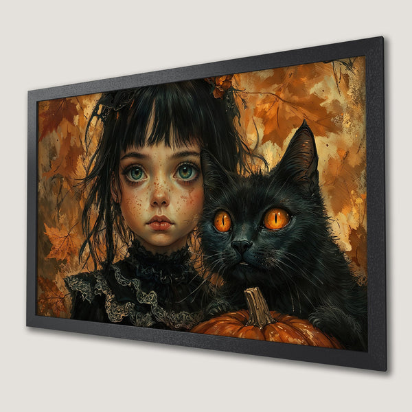 Framed Poster: Gothic girl & black cat art print. Autumnal palette, illustrated style. Perfect Halloween decor. Get yours today!