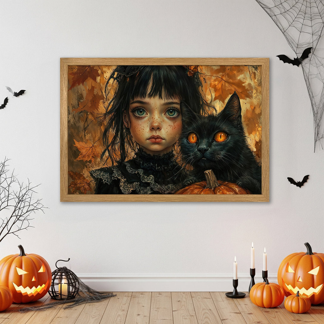 Framed Poster featuring a girl and black cat, Halloween art in warm orange tones. Spooky wall decor.
