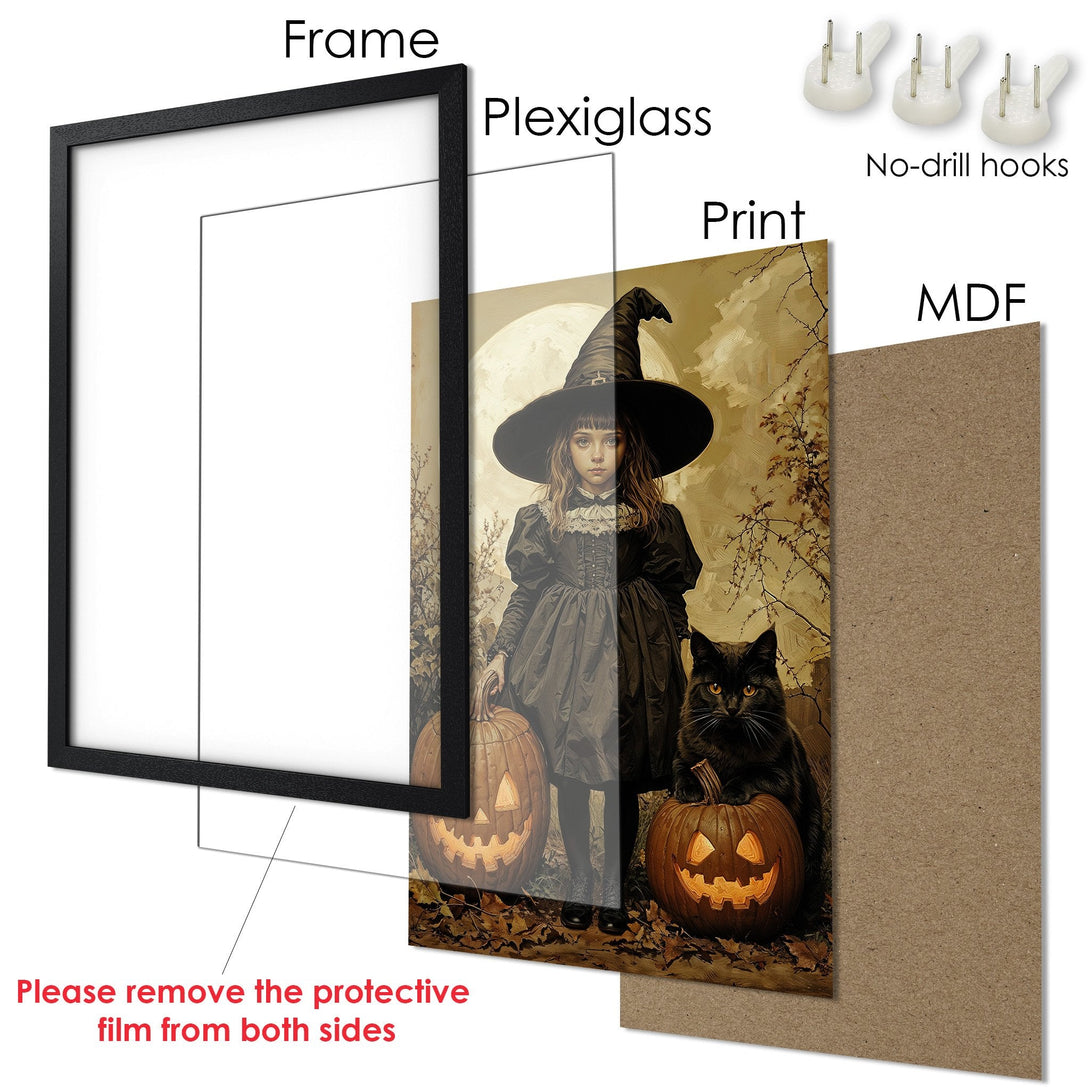 Framed Poster featuring a witch with a black cat and pumpkins, in a vintage style with a warm, autumnal color palette.