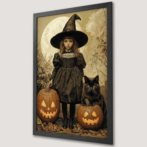 Framed Poster featuring a witch with pumpkins & a black cat, in a vintage style with a warm, autumnal color palette. Perfect Halloween decor.