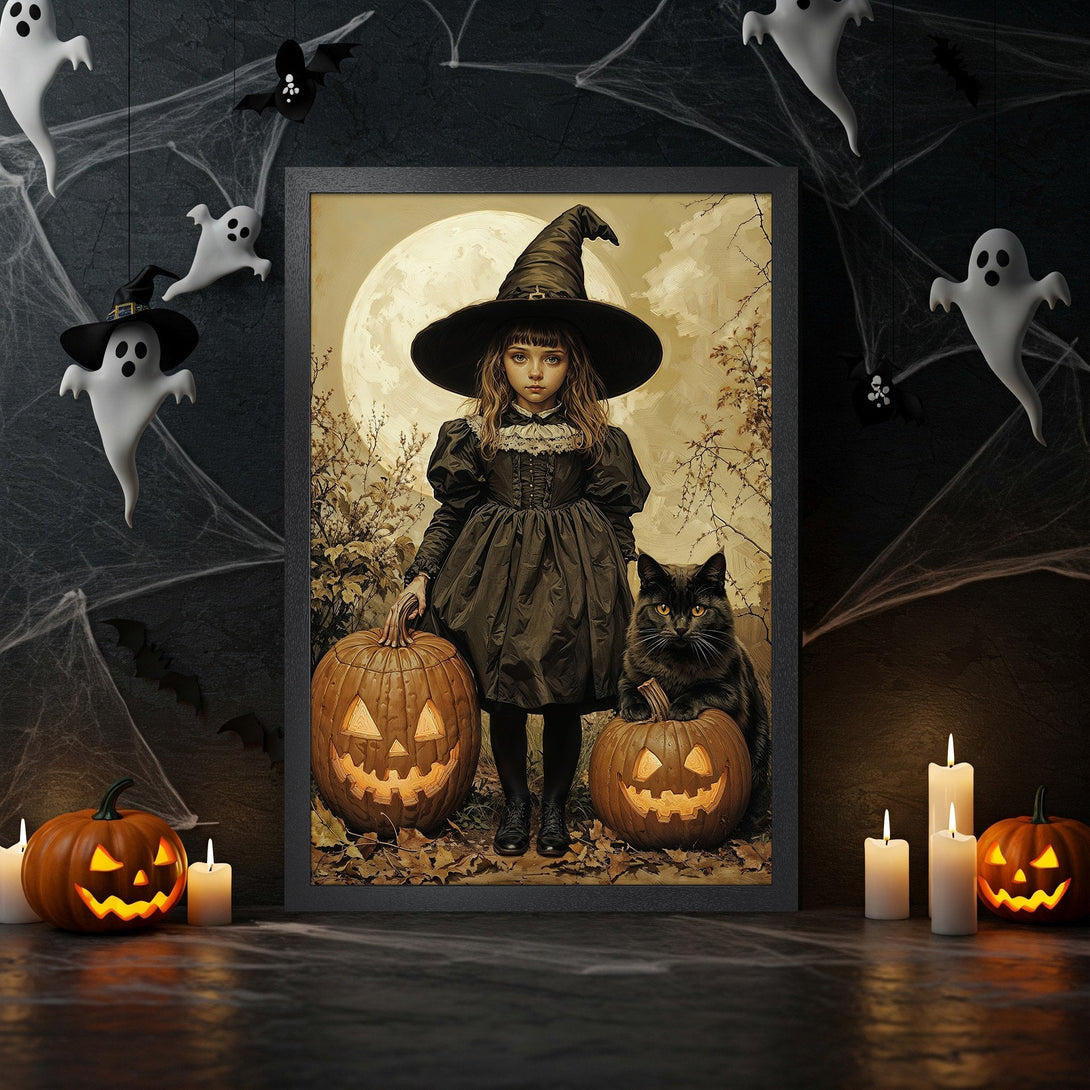 Framed Poster featuring a witch with pumpkins and a black cat, in a vintage style with a warm, earthy color palette. Perfect Halloween decor!