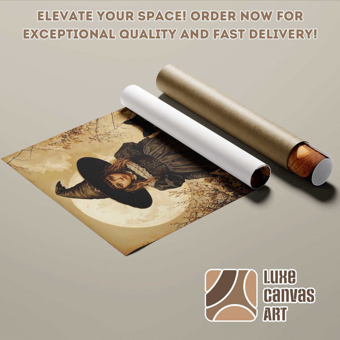 Poster Roll featuring a witch illustration in warm tones, perfect wall art decor.
